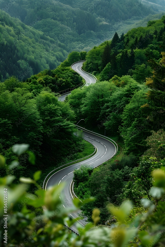 Scenic Winding Road Through Lush Green Forest in Mountainous Countryside Scenic Winding Road Through Lush Green Forest in Mountainous Countryside