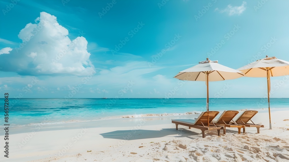 Serene Beach Retreat with Lounge Chairs and Umbrellas Under Calm Ocean View Serene Beach Retreat with Lounge Chairs and Umbrellas Under Calm Ocean View