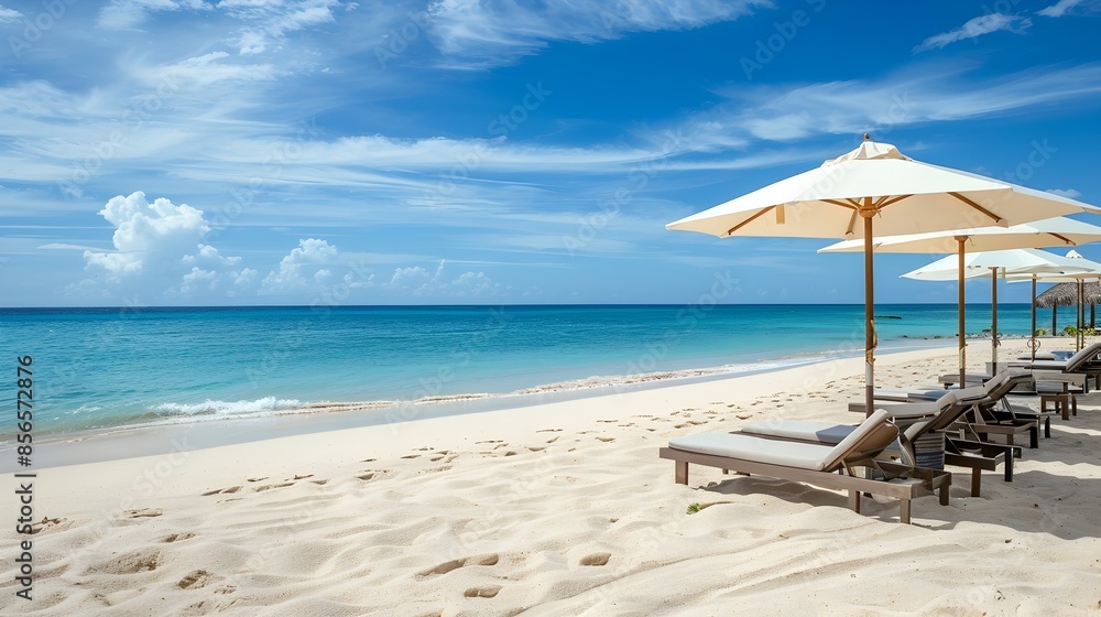 Serene Beach with Lounge Chairs and Umbrellas under Tranquil Sky Serene Beach with Lounge Chairs and Umbrellas under Tranquil Sky