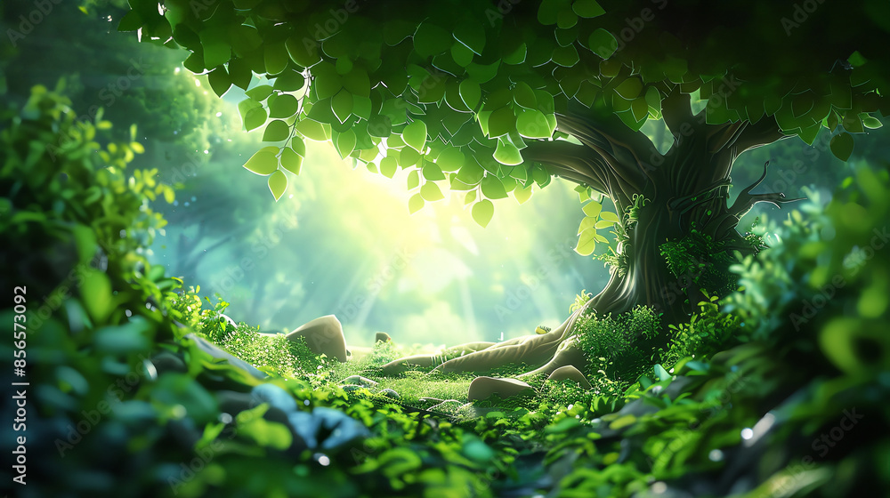 Sunlight streams through lush green leaves in a vibrant forest. Sunlight streams through lush green leaves in a vibrant forest.