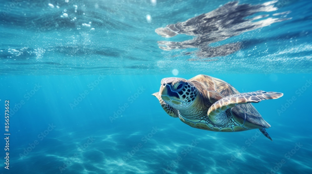 Fototapeta premium deep blue sea texture with a sea turtle swimming gracefully through the water. 