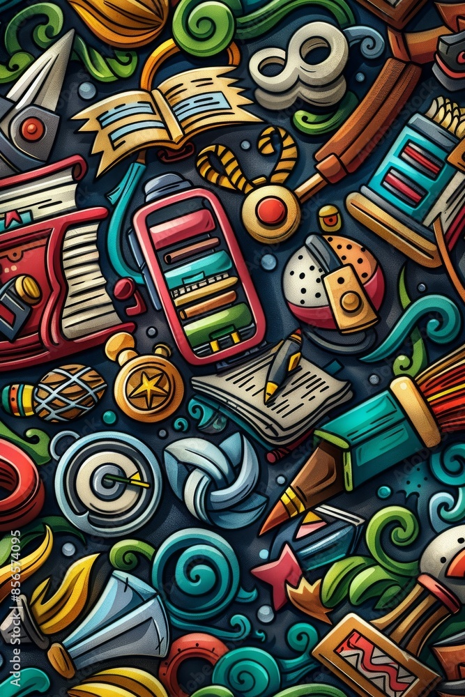 Obraz premium A fun and vibrant seamless pattern featuring various cute cartoon doodle school supplies, perfect for back to school themes. Back to school.