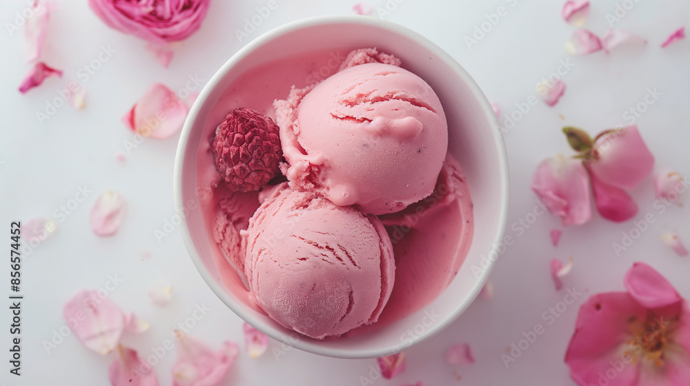 Exotic lychee and rose gelato, an image of exotic lychee and rose gelato, its pale color with subtle floral notes set against a white background Exotic lychee and rose gelato, an image of exotic lychee and rose gelato, its pale color with subtle floral notes set against a white background