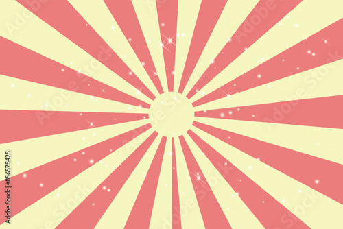 Candy sunburst pink background. Abstract cream sunbeams. Circus background and spiral retro rays with stars. Retro psychedelic style, groovy hippie.