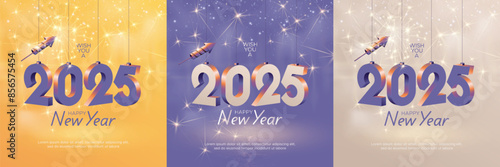 2025 new year square template with 3D hanging number. Greeting concept for 2025 new year celebration with fireworks