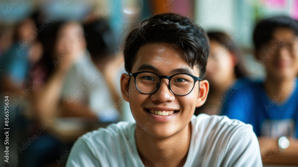 portrait cheerful male student in the classroom to convey the spirit study portrait cheerful male student in the classroom to convey the spirit study