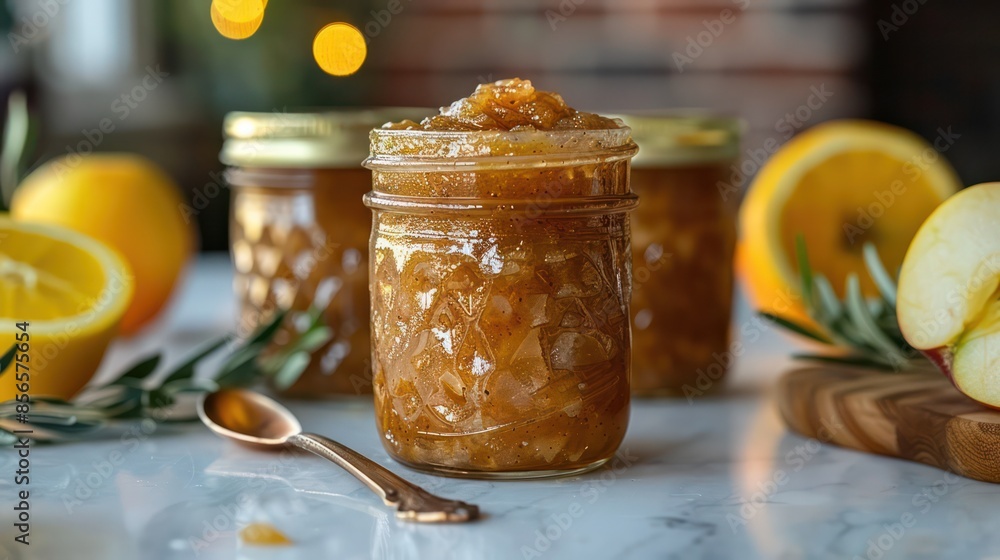 A jar of apricot jam with a spoon, placed on a clean white studio kitchen table. A jar of apricot jam with a spoon, placed on a clean white studio kitchen table.