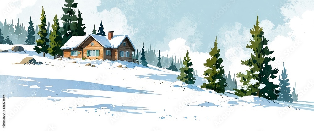 Φωτογραφία landscape with house in the snow, christmas house scene, pine tree, Countryside watercolor landscape illustration of winter