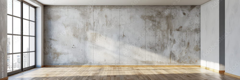 Empty room interiors illuminated with natural window lighting and copy space. Residential interior design composition with no furniture.