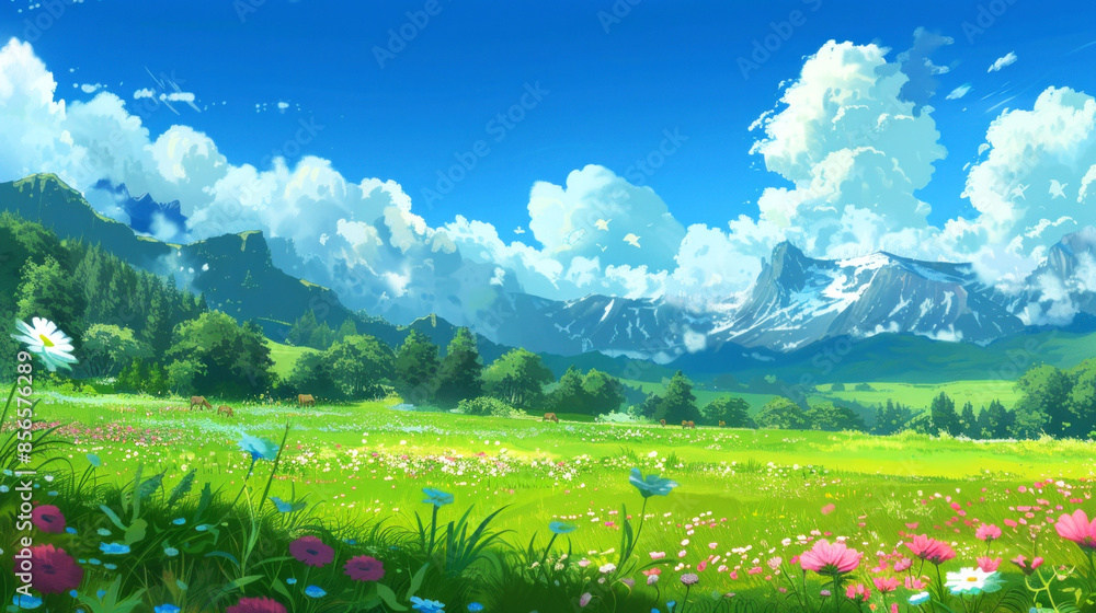 Naklejka premium landscape of hill with beautiful garden on sunny day in summer style art anime