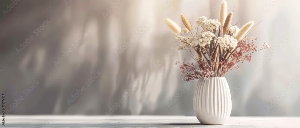 White vase with dried flowers and herbs on the table: golden, pink, and beige shades in an elegant composition on a blurred gray background. White vase with dried flowers and herbs on the table: golden, pink, and beige shades in an elegant composition on a blurred gray background.