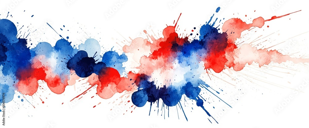 Watercolor abstract splashes background in France flag colors Template for national holidays or celebration background.