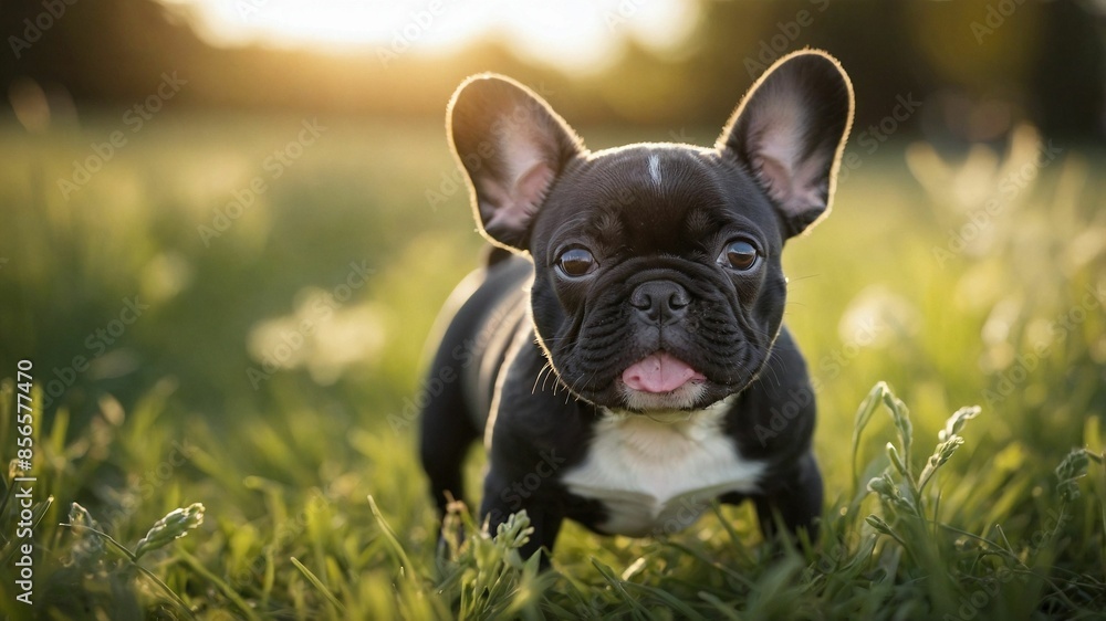 Fototapeta premium Adorable French Bulldog puppy in a sunny field of grass during golden hour