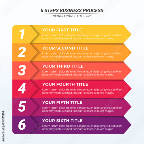 6 Steps Vertical Flowchart Infographic Timeline with Editable Text on a 1:1 Layout for Business Presentations, Management, and Evaluation.