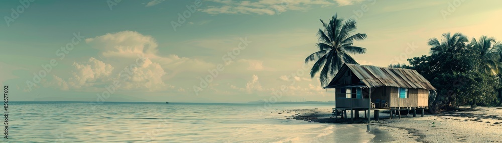 Thatched roof hut on a tropical beach with palm trees and white sand. Thatched roof hut on a tropical beach with palm trees and white sand.