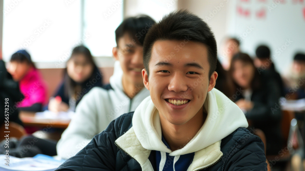 portrait cheerful male student in the classroom to convey the spirit study portrait cheerful male student in the classroom to convey the spirit study