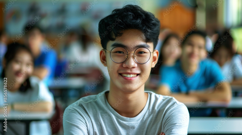 Fototapeta premium portrait cheerful male student in the classroom to convey the spirit study