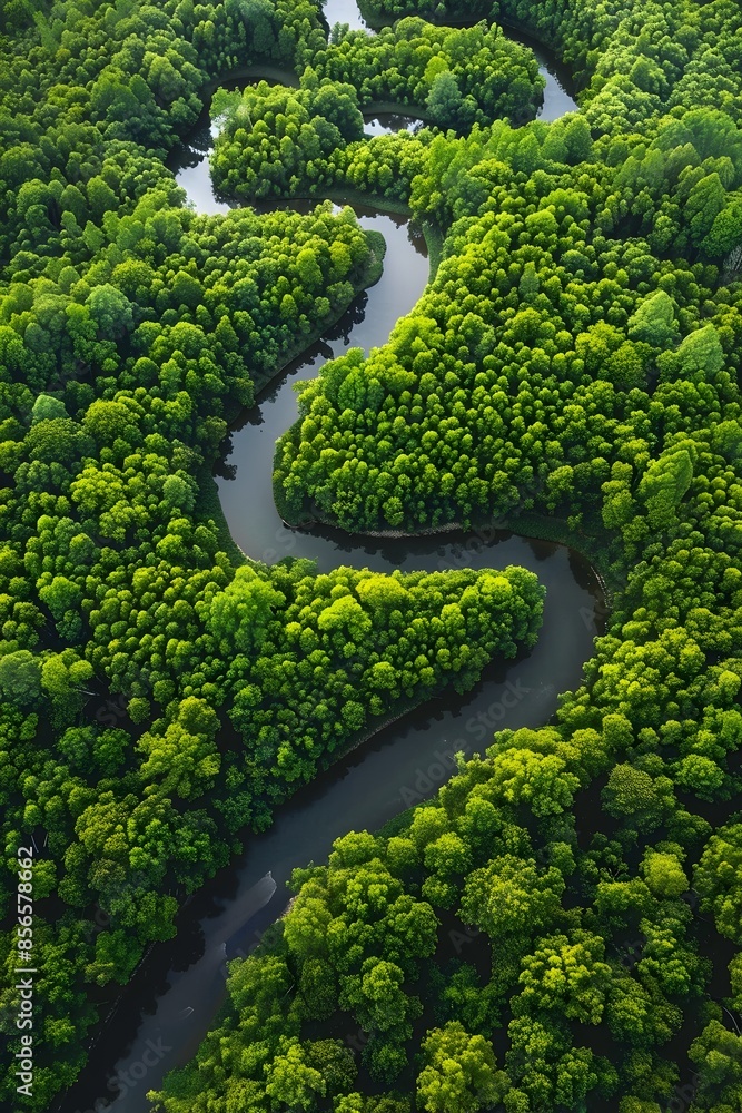 Aerial View of Winding River Through Lush Green Forest Landscape Aerial View of Winding River Through Lush Green Forest Landscape