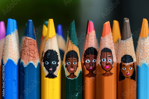 Color pencils with faces painted on them, symbolizing a multinational family and world equality photo