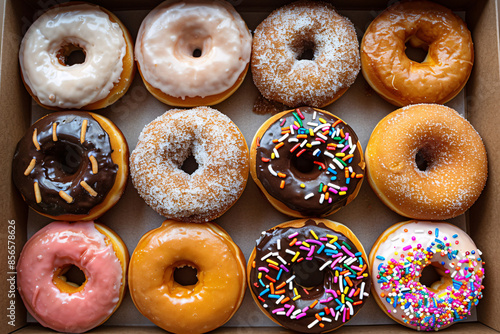 A full box of assorted frosted, sprinkled, and chocolate donuts for delivery to an office, in celebration of national donut day or fat thursday.