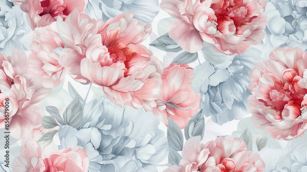 Elegant seamless floral pattern featuring blooming pink and white peonies with delicate grey leaves, perfect for fabric and wallpaper design. Elegant seamless floral pattern featuring blooming pink and white peonies with delicate grey leaves, perfect for fabric and wallpaper design.