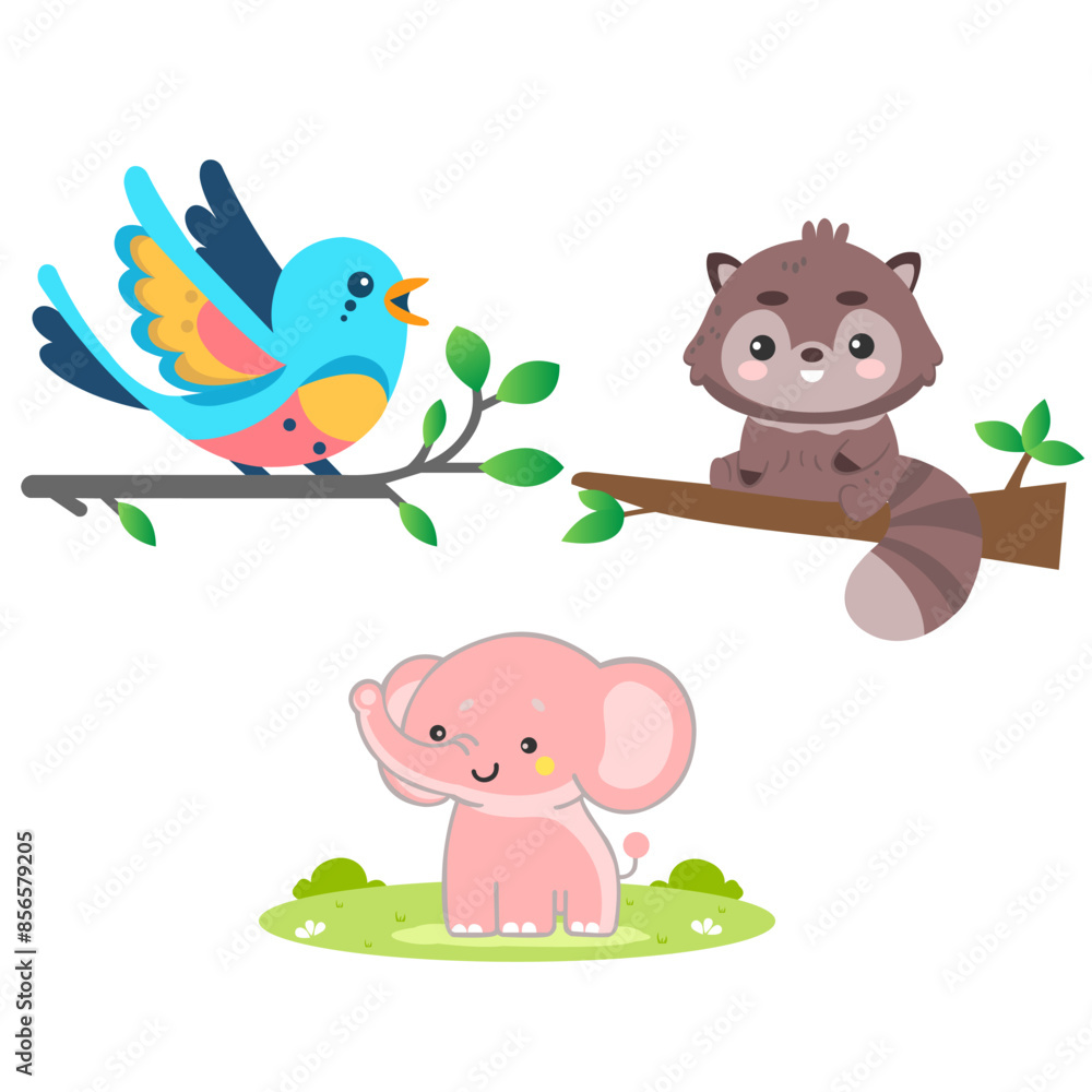 Fototapeta premium vector illustrations of cute elephants, birds, civets