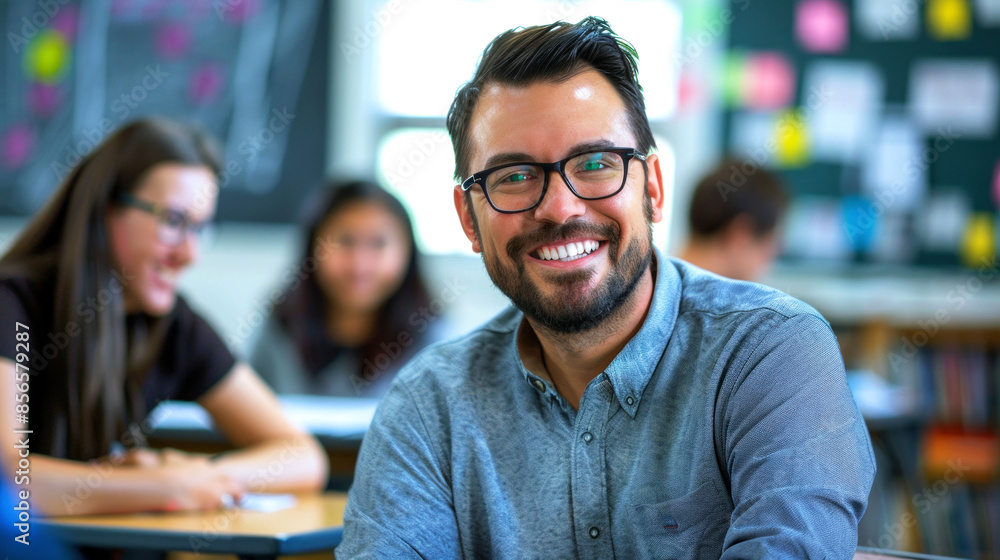 portrait cheerful of teacher in the classroom to convey their spirit portrait cheerful of teacher in the classroom to convey their spirit