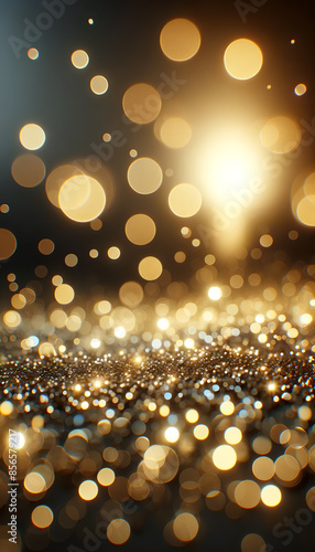Warm Golden Bokeh Lights on Dark Background, Gold foil texture. Holiday concept. Golden light shine particles on navy blue background.