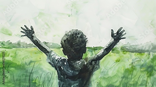 watercolor illustration of a child raising his hands happily against the background of a meadow and clear sky as copy space