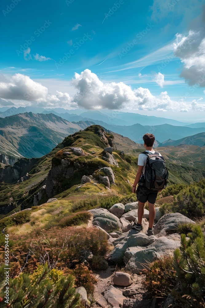 Adventurer Exploring Rugged Mountain Terrain with Breathtaking Panoramic Views Under Majestic Blue Sky