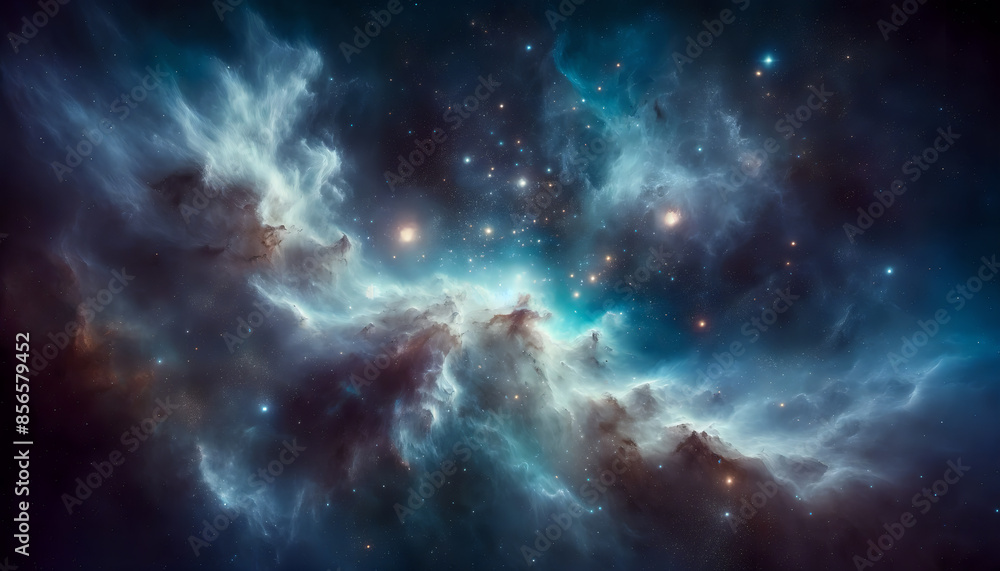 Fototapeta premium Turbulent Blue Nebula with Starry Background, cosmic clouds in the space, interstellar, space view of cosmic cloud, stars, nebula