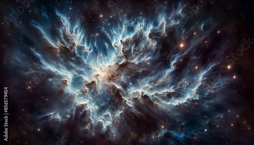 Blue Nebula with Starfield in Outer Space,  cluster of starts, celestial clouds with stars, interstellar, blue cosmos of stars