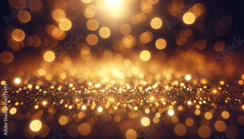 Golden Bokeh Lights on abstract Background with Dark blue and gold particle. Gold foil texture, navy blue background. Holiday concept