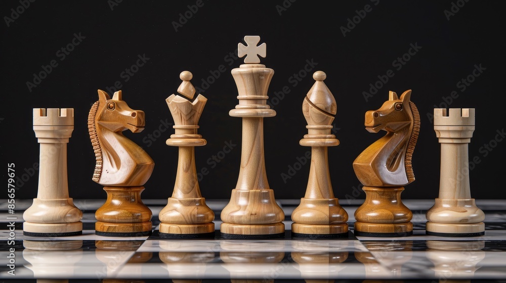Wooden Chess Pieces on a Marble Board Wooden Chess Pieces on a Marble Board
