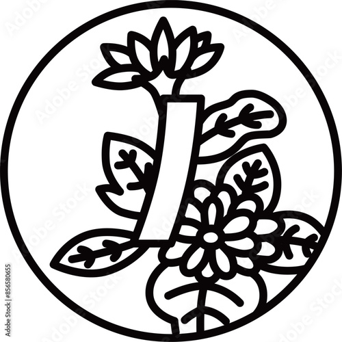 線画円形ミニ花札　長月　菊　青短　9月　菊に青短