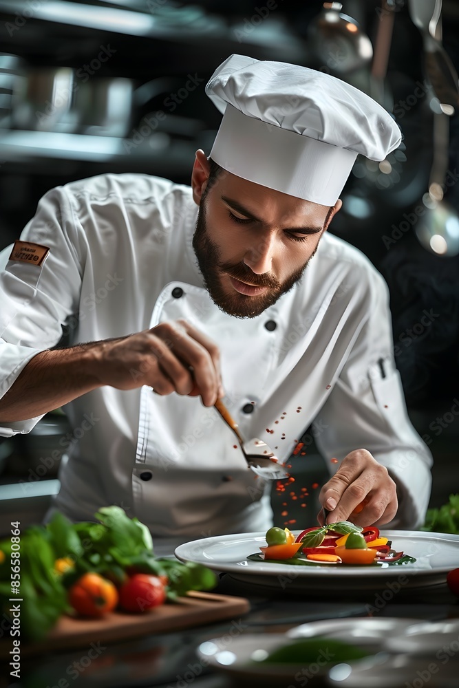 Focused Professional Chef Preparing Gourmet Dish in High End Restaurant Kitchen