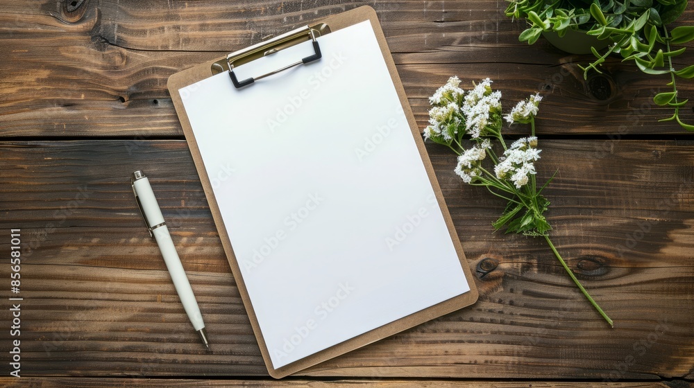 Fototapeta premium Rustic Wooden Table with Blank Clipboard for Inspirational Quotes, Flower, and Classic Pen