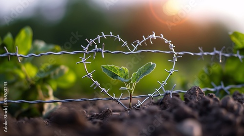 a heart made from barbed wire, symbolizing love in hardship. photo