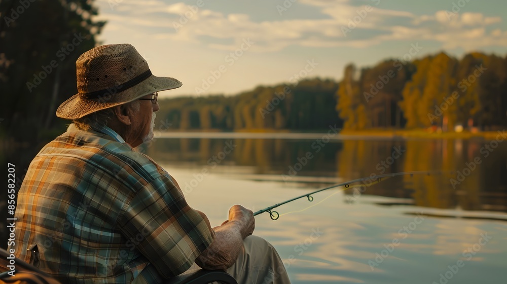 Senior man fishing on a tranquil lake during the golden hour of autumn Senior man fishing on a tranquil lake during the golden hour of autumn