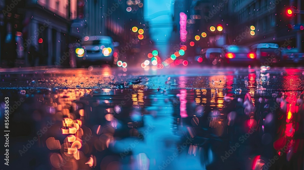 Fototapeta premium Luminescent neon lights reflecting in rain-soaked city streets at dusk