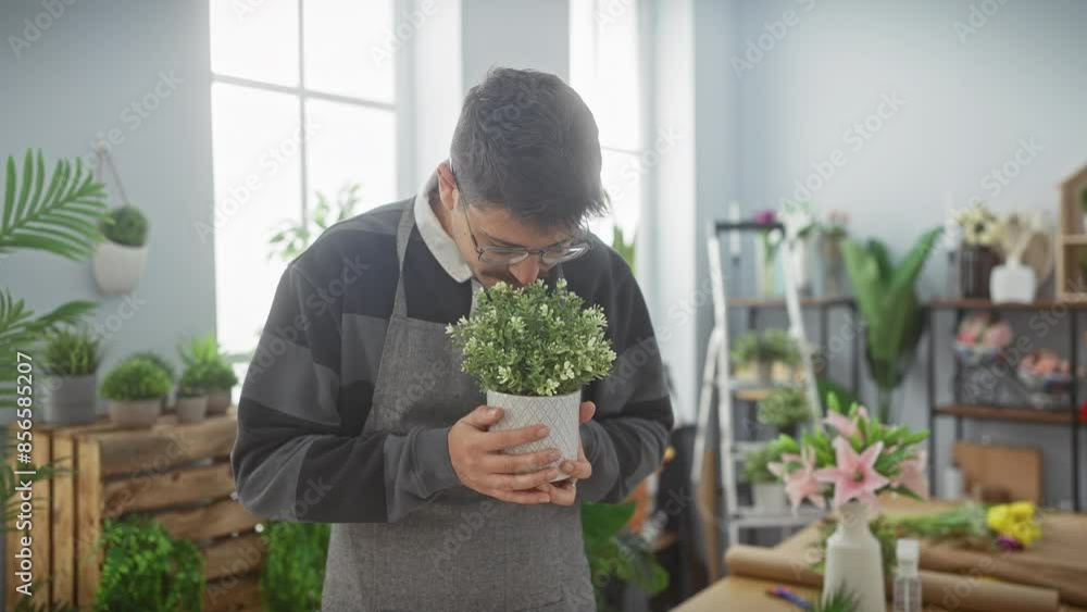 Handsome young hispanic man smelling a potted plant in a vibrant indoor flower shop setting.