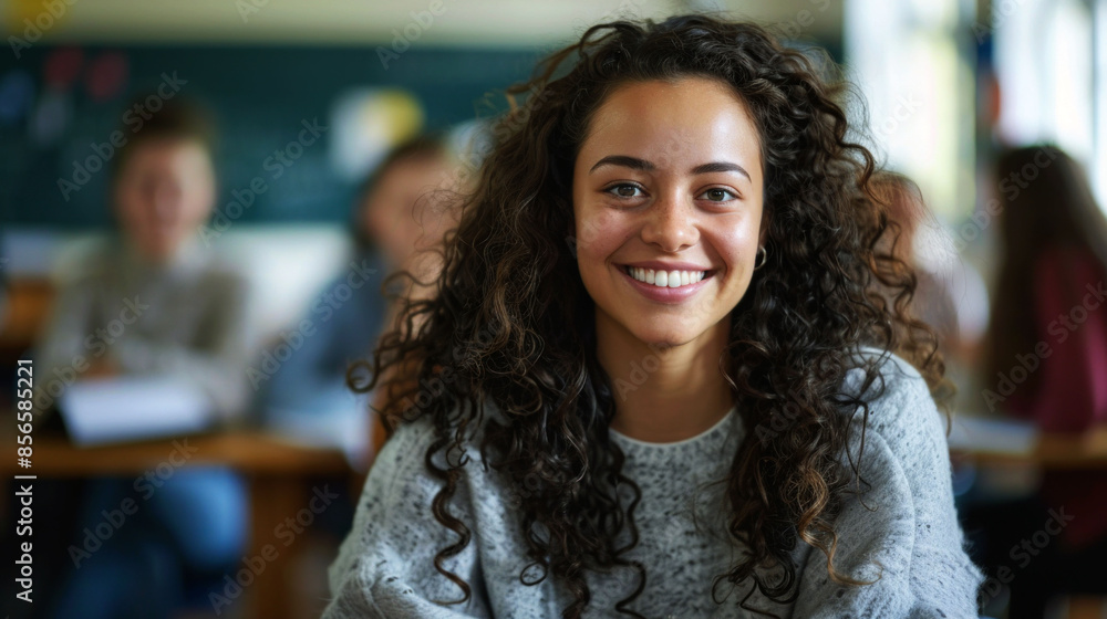 portrait cheerful female of student in the classroom to convey the spirit study portrait cheerful female of student in the classroom to convey the spirit study