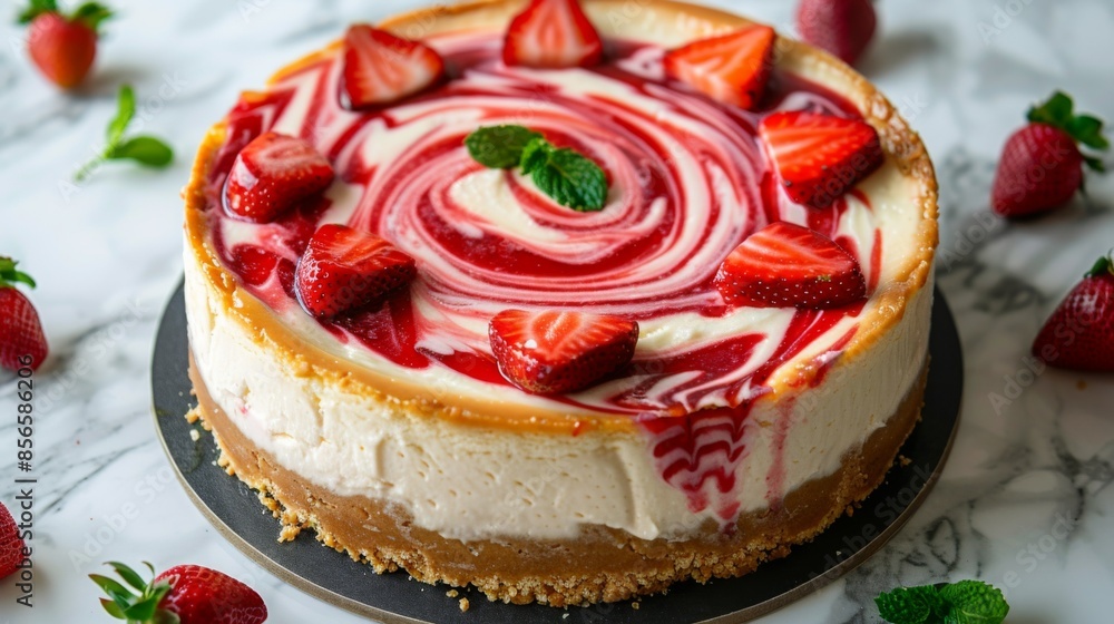 Classic Cheesecake Top View: A top-down view of a strawberry cheesecake with a decorative strawberry sauce. Classic Cheesecake Top View: A top-down view of a strawberry cheesecake with a decorative strawberry sauce.