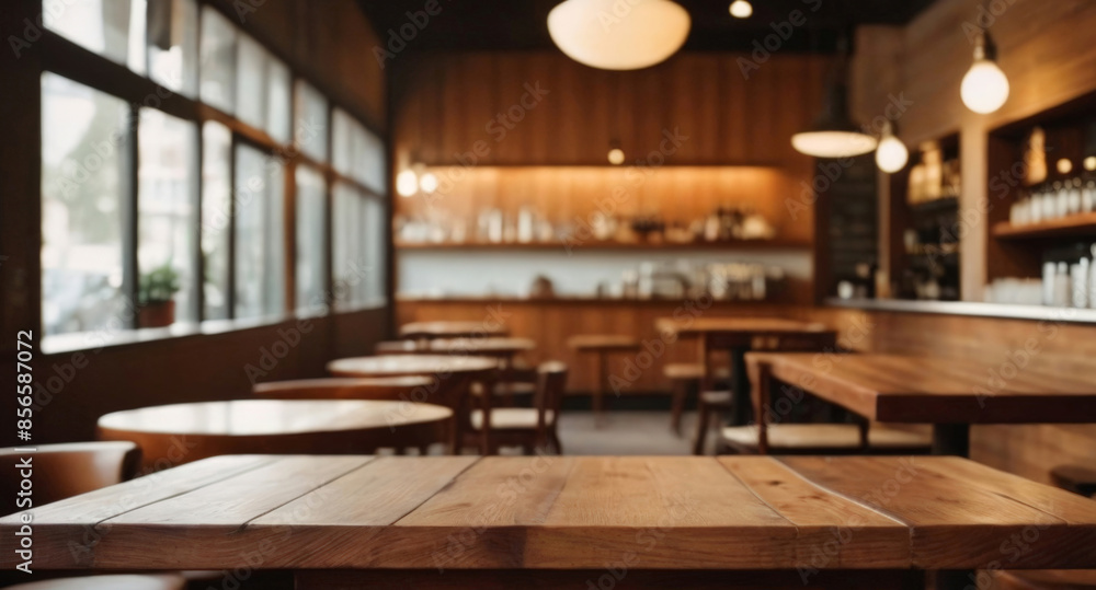 Wooden empty table for product demonstration in a cozy cafe setting Wooden empty table for product demonstration in a cozy cafe setting