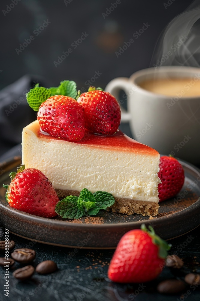 Classic Cheesecake: A slice of strawberry cheesecake on a plate, garnished with fresh strawberries. Classic Cheesecake: A slice of strawberry cheesecake on a plate, garnished with fresh strawberries.