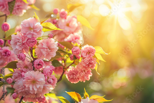 Pink sakura flowers on a sunny backdrop photo