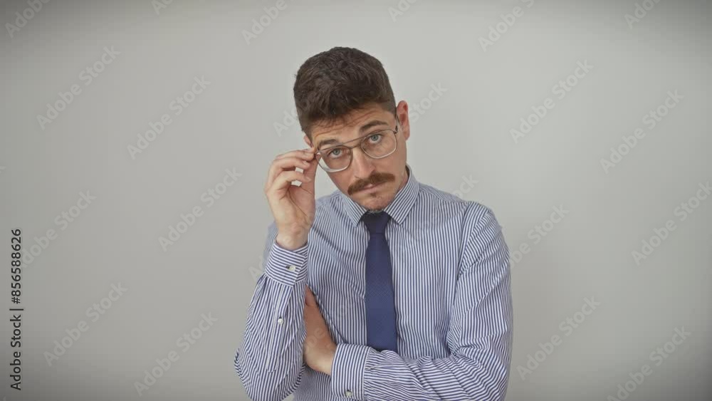 Relaxed young hispanic man with solemn face, wearing glasses and looking carefree, showcases natural and simple look at camera. isolated on white background. Relaxed young hispanic man with solemn face, wearing glasses and looking carefree, showcases natural and simple look at camera. isolated on white background.