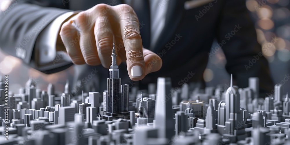 Close up of businessman hand pointing at modern city. 3D rendering, Close up of businessman hand pointing at modern city. 3D rendering,