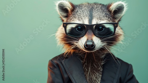 A raccoon in a suit and sunglasses looks directly at the camera with a serious expression. photo