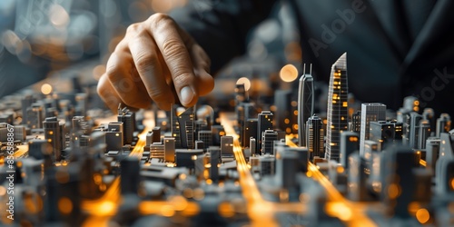 Close-up of a man's hand touching a futuristic city. 3d rendering © Kashif Ali 72